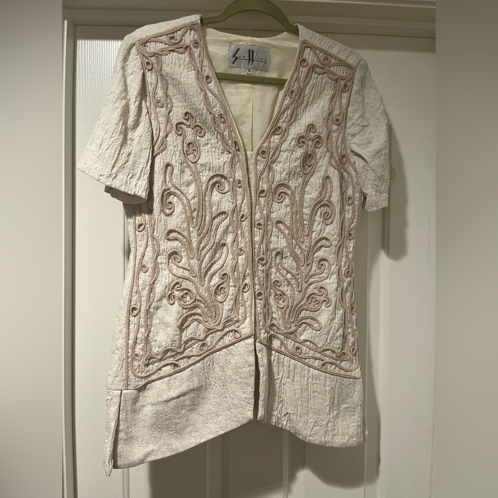 Sue Wong Embroidered Jacket Top Cream Short Sleeve Size M